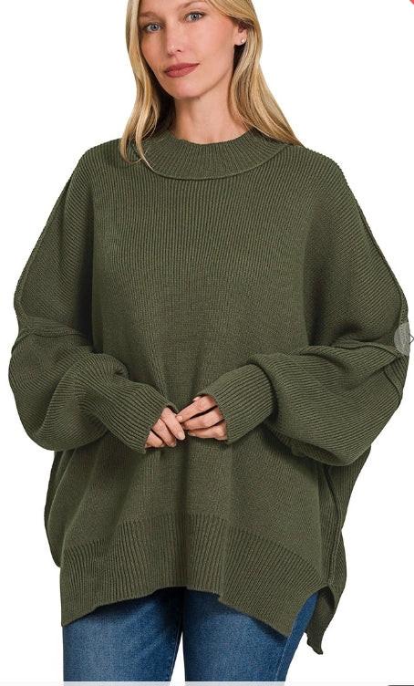 Model wearing an olive green sweater with a white background